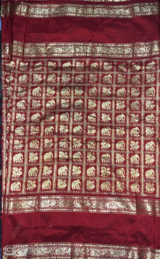 Vintage real zari sari with elephants and peacocks motifs all over gold on royal red colour made in Varanasi Uttar Pradesh India 1900c. on famous mulberry silk of Mysore the size of  ...