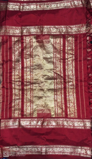 Vintage real zari sari with elephants and peacocks motifs all over gold on royal red colour made in Varanasi Uttar Pradesh India 1900c. on famous mulberry silk of Mysore the size of  ...