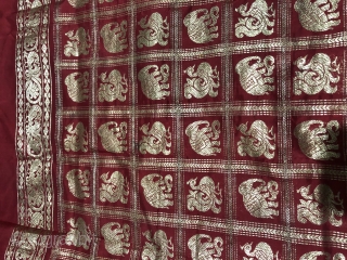 Vintage real zari sari with elephants and peacocks motifs all over gold on royal red colour made in Varanasi Uttar Pradesh India 1900c. on famous mulberry silk of Mysore the size of  ...