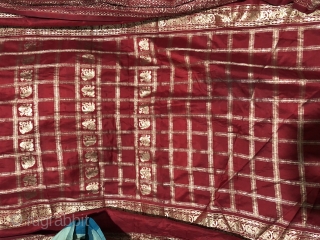 Vintage real zari sari with elephants and peacocks motifs all over gold on royal red colour made in Varanasi Uttar Pradesh India 1900c. on famous mulberry silk of Mysore the size of  ...