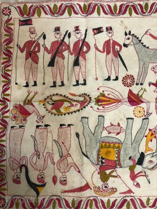 Vinntage Kantha from Murshidabad district of West Bengal India 1900C.depecting the Indian army with elephant and the British army with horse and king and queen in the camp.the size of the Kantha  ...