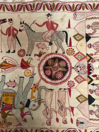 Vinntage Kantha from Murshidabad district of West Bengal India 1900C.depecting the Indian army with elephant and the British army with horse and king and queen in the camp.the size of the Kantha  ...