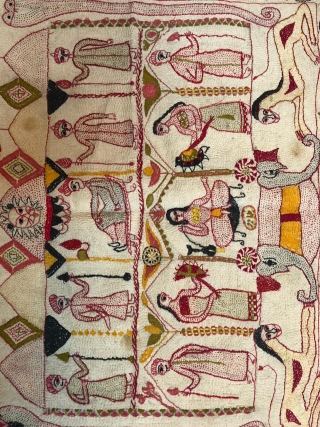 Vinntage Kantha from Murshidabad district of West Bengal India 1900C.depecting the Indian army with elephant and the British army with horse and king and queen in the camp.the size of the Kantha  ...