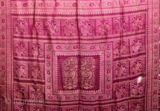 Fine quality baluchuri sari from West Bengal India 1900C. Lady with tambura in her hand a rare subject on pink color base with 2 mangos design in pallu the sari has 10-14  ...