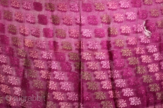 Fine quality baluchuri sari from West Bengal India 1900C. Lady with tambura in her hand a rare subject on pink color base with 2 mangos design in pallu the sari has 10-14  ...