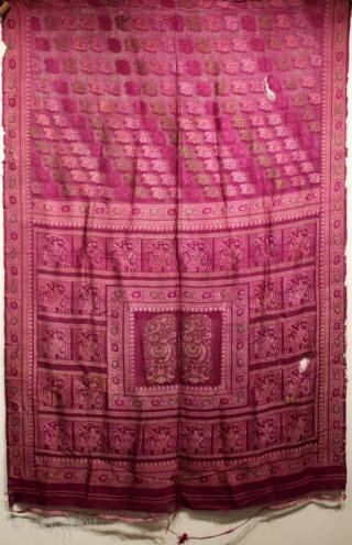 Fine quality baluchuri sari from West Bengal India 1900C. Lady with tambura in her hand a rare subject on pink color base with 2 mangos design in pallu the sari has 10-14  ...