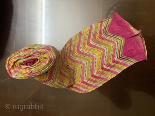 Muslin turban cloth tie-dyed in multiple colour in leheriya (wave) style done with vegetable dyed From Shekhawati District Rajasthan, India. c.1900. The turban is 16 meters in length.     