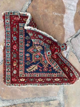 A karaja Heriz Bagface? or mat rug for woven circa 1910 and measures 20x22 IN. A rare find as 99% of Heriz rugs are woven in much larger sizes. Both end are  ...