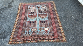  This is an antique Tachte Shirvan rug woven during the last quarter of the 19th century circa 1880. It has a rare powder blue background color with an even more rare  ...