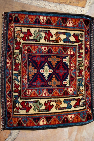 Here is a unique Varamin bagface. It measures 1.5x1.9 FT in size.  It's in great to almost perfect condition and has strong saturated colors.

sold Thank you      