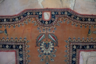This is a unique and rare Motasham Kashan horse cover that measures 3.10x2.6ft. The center flower creates a dramatic colors contract against the orangey-colored field. This piece dates back to the 1880s  ...