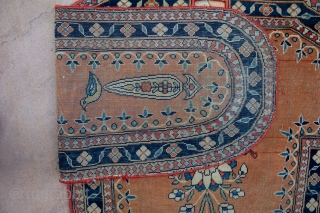 This is a unique and rare Motasham Kashan horse cover that measures 3.10x2.6ft. The center flower creates a dramatic colors contract against the orangey-colored field. This piece dates back to the 1880s  ...