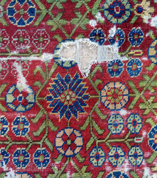 a wonderful early east turkestan, possibly kashgar, carpet fragment with a masterful colour palette and a rare border     -hans bidder shows an early khotan with a similar border  ...