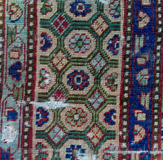 a wonderful early east turkestan, possibly kashgar, carpet fragment with a masterful colour palette and a rare border     -hans bidder shows an early khotan with a similar border  ...