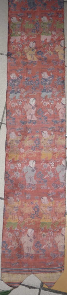 boy, deer and bird. ming era silk brocade fragment . china 17th century. ca  20x 80cm.                