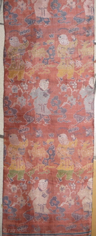 boy, deer and bird. ming era silk brocade fragment . china 17th century. ca  20x 80cm.                