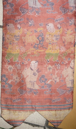 boy, deer and bird. ming era silk brocade fragment . china 17th century. ca  20x 80cm.                