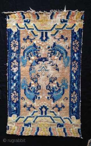 a fantastic small ningxia rug from the first half of the 18th century. beautiful presence of the early light blue in the middle field. the design element, shown as main image, just  ...
