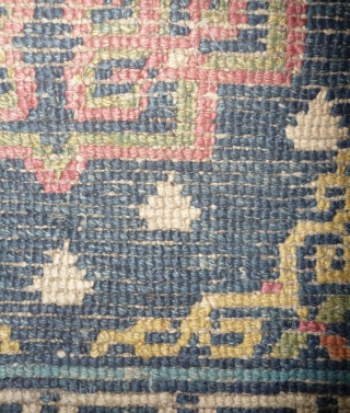 interesting old design on this early 19th c tibetan khaden, nice weave and colors.some condition problems, but easy restorable if needed.
tibet, early 19 century. 120x 68cm       