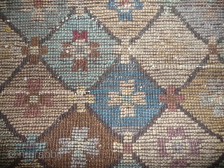 interesting small rug from the inner mogolia, most probably from the chifeng area. the colours are not all natural, there is some fuchsine. some loss to the natural undyed brown border. china,  ...