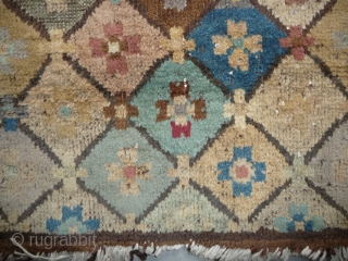 interesting small rug from the inner mogolia, most probably from the chifeng area. the colours are not all natural, there is some fuchsine. some loss to the natural undyed brown border. china,  ...