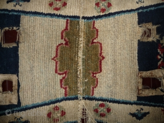 ancient tibetan saddle rug with wonderfull natural colours , material, design and  original riding wear. tibet, first half 19th century. 130x 63cm          