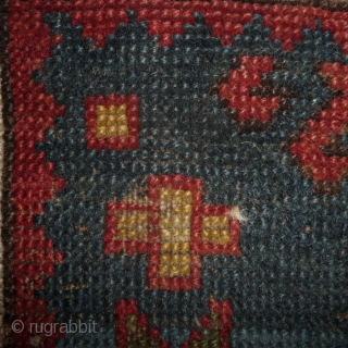 little caucasian rug -110x 95cm- with some wear and missing, but it left quite a lot to decipher. very esthetically made blue field with a well placed abrash in the upper part  ...