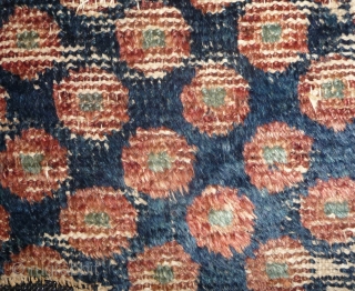 early west china pile fragment with wavy weave and showing the famous central asian pulo design. early rug with this design are rare. some wool weft, approx. 36x 90cm. tiny fragment great  ...