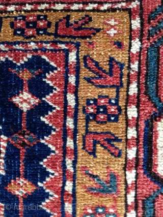 an antique small (115x 84cm) caucasian rug possibly avar with wonderful intense well patinated natural colours. very nicely woven the pile feels like velvet..uncommon main border.. there is no repair except for  ...