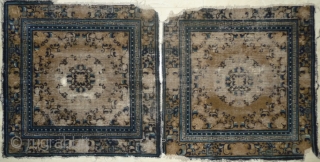 a rare pair of big early imperial ningxia square with "chilong" heads border in fragmentary condition. from the qianlong era (mid 18th c.). in each corner design there were also these dragon  ...