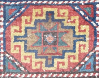 mid 19th c shasavan long rug with rare border and well deep saturated colors, beautiful greens, strong yellow and orange... some camel pile, missing a bit all around and scattered old repiling.  ...
