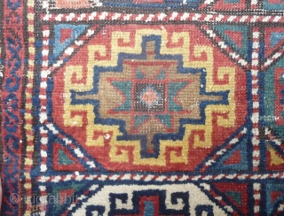 mid 19th c shasavan long rug with rare border and well deep saturated colors, beautiful greens, strong yellow and orange... some camel pile, missing a bit all around and scattered old repiling.  ...