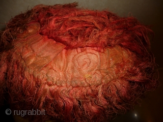 unusual tibetan  hat, wool, silk, emboidered jewel.... tibet, 19th century.                      