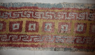 this is a very beautiful early tibetan monastic bench cover warp-faced-back rug with uncommon single row of large squares. it is in very good condition with super natural colors; strong attrativ red,  ...