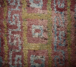 this is a very beautiful early tibetan monastic bench cover warp-faced-back rug with uncommon single row of large squares. it is in very good condition with super natural colors; strong attrativ red,  ...