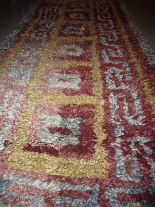 this is a very beautiful early tibetan monastic bench cover warp-faced-back rug with uncommon single row of large squares. it is in very good condition with super natural colors; strong attrativ red,  ...