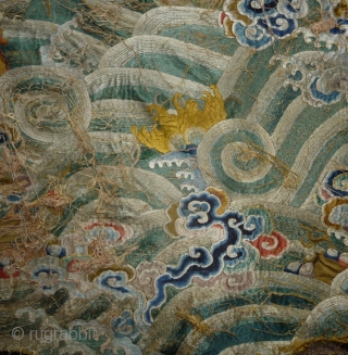 fragment of what should have be one of the most beautiful qing dragon robe; a very rare all embroidered gold yellow ground imperial robe with five claws dragon (see one pic). to  ...