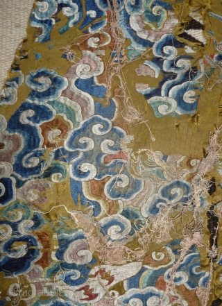 fragment of what should have be one of the most beautiful qing dragon robe; a very rare all embroidered gold yellow ground imperial robe with five claws dragon (see one pic). to  ...