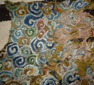 fragment of what should have be one of the most beautiful qing dragon robe; a very rare all embroidered gold yellow ground imperial robe with five claws dragon (see one pic). to  ...