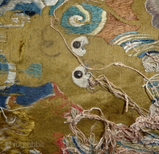 fragment of what should have be one of the most beautiful qing dragon robe; a very rare all embroidered gold yellow ground imperial robe with five claws dragon (see one pic). to  ...