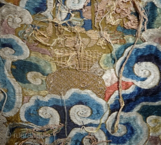 fragment of what should have be one of the most beautiful qing dragon robe; a very rare all embroidered gold yellow ground imperial robe with five claws dragon (see one pic). to  ...