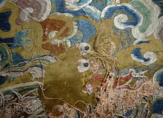 fragment of what should have be one of the most beautiful qing dragon robe; a very rare all embroidered gold yellow ground imperial robe with five claws dragon (see one pic). to  ...