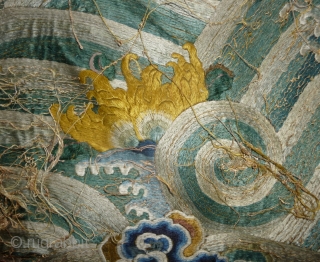 fragment of what should have be one of the most beautiful qing dragon robe; a very rare all embroidered gold yellow ground imperial robe with five claws dragon (see one pic). to  ...