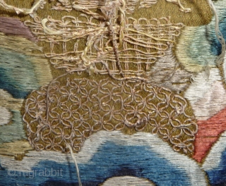 fragment of what should have be one of the most beautiful qing dragon robe; a very rare all embroidered gold yellow ground imperial robe with five claws dragon (see one pic). to  ...