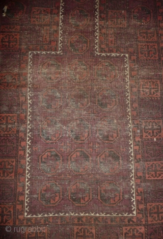 one of the rare baluch pieces found in tibet.a prayer rug with a simple design made with 2  natural dyed and 2 undyed colors, but not without its protectiv amulets. nice  ...