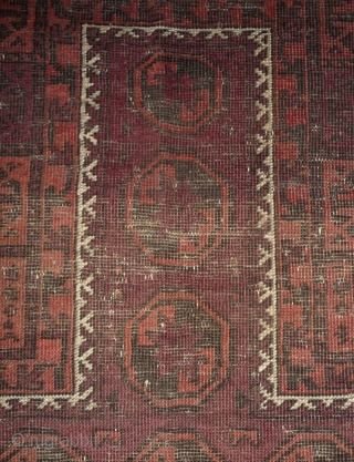 one of the rare baluch pieces found in tibet.a prayer rug with a simple design made with 2  natural dyed and 2 undyed colors, but not without its protectiv amulets. nice  ...