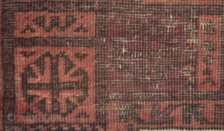 one of the rare baluch pieces found in tibet.a prayer rug with a simple design made with 2  natural dyed and 2 undyed colors, but not without its protectiv amulets. nice  ...