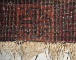 one of the rare baluch pieces found in tibet.a prayer rug with a simple design made with 2  natural dyed and 2 undyed colors, but not without its protectiv amulets. nice  ...