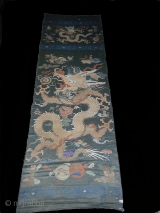 outstanding  complete silk brocade  portiere or door hanging. one old repair in the dragon tail area (see pic). china, kangxi era, around 1700, approx, 70x 200cm.     