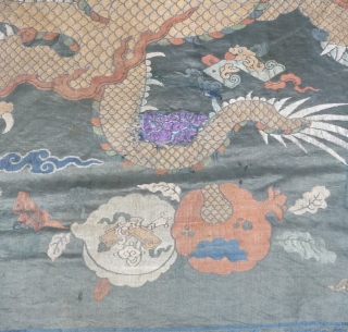outstanding  complete silk brocade  portiere or door hanging. one old repair in the dragon tail area (see pic). china, kangxi era, around 1700, approx, 70x 200cm.     